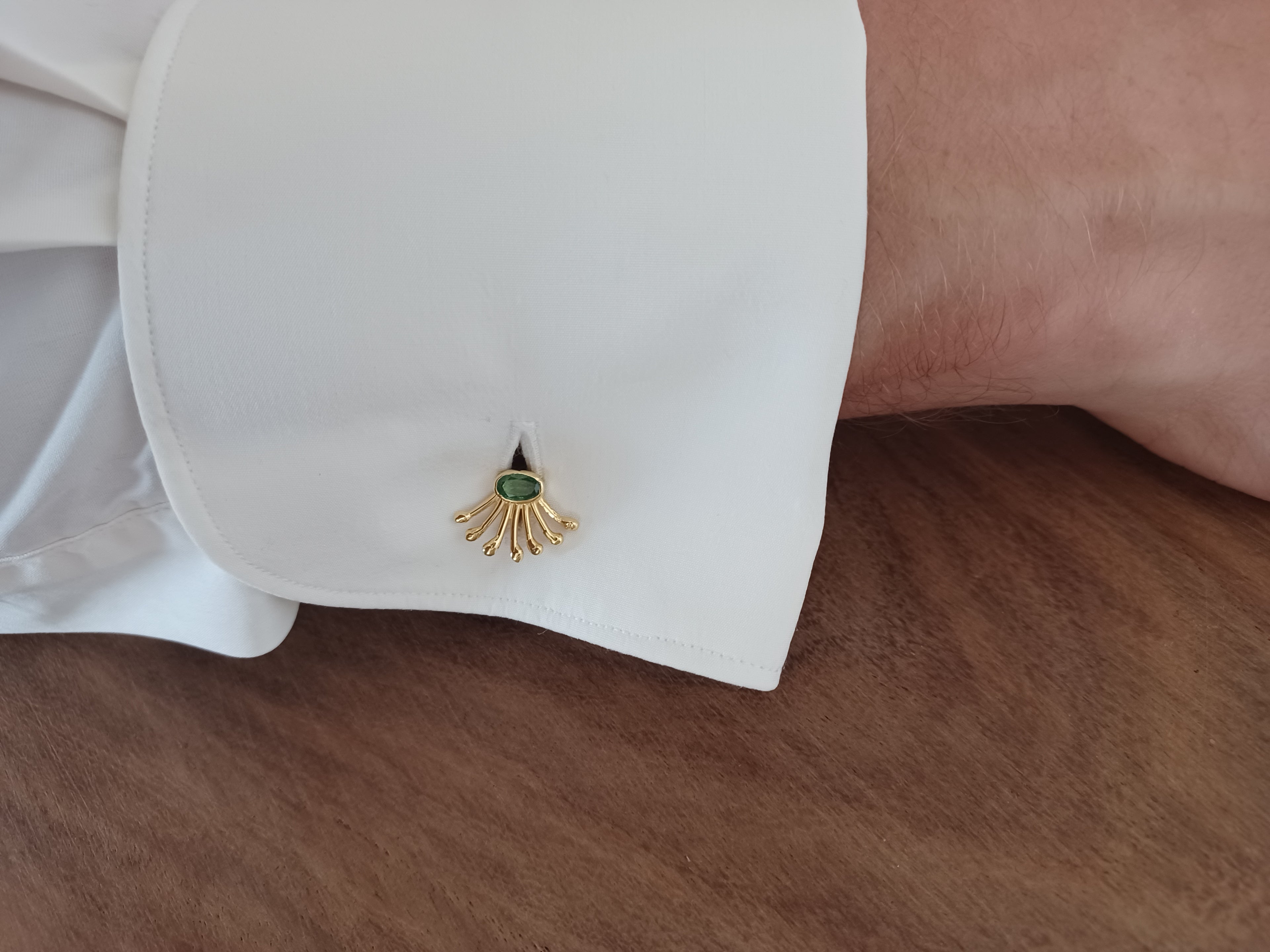 Gold-plated silver cufflinks with oval green gemstone – Peacock Tail