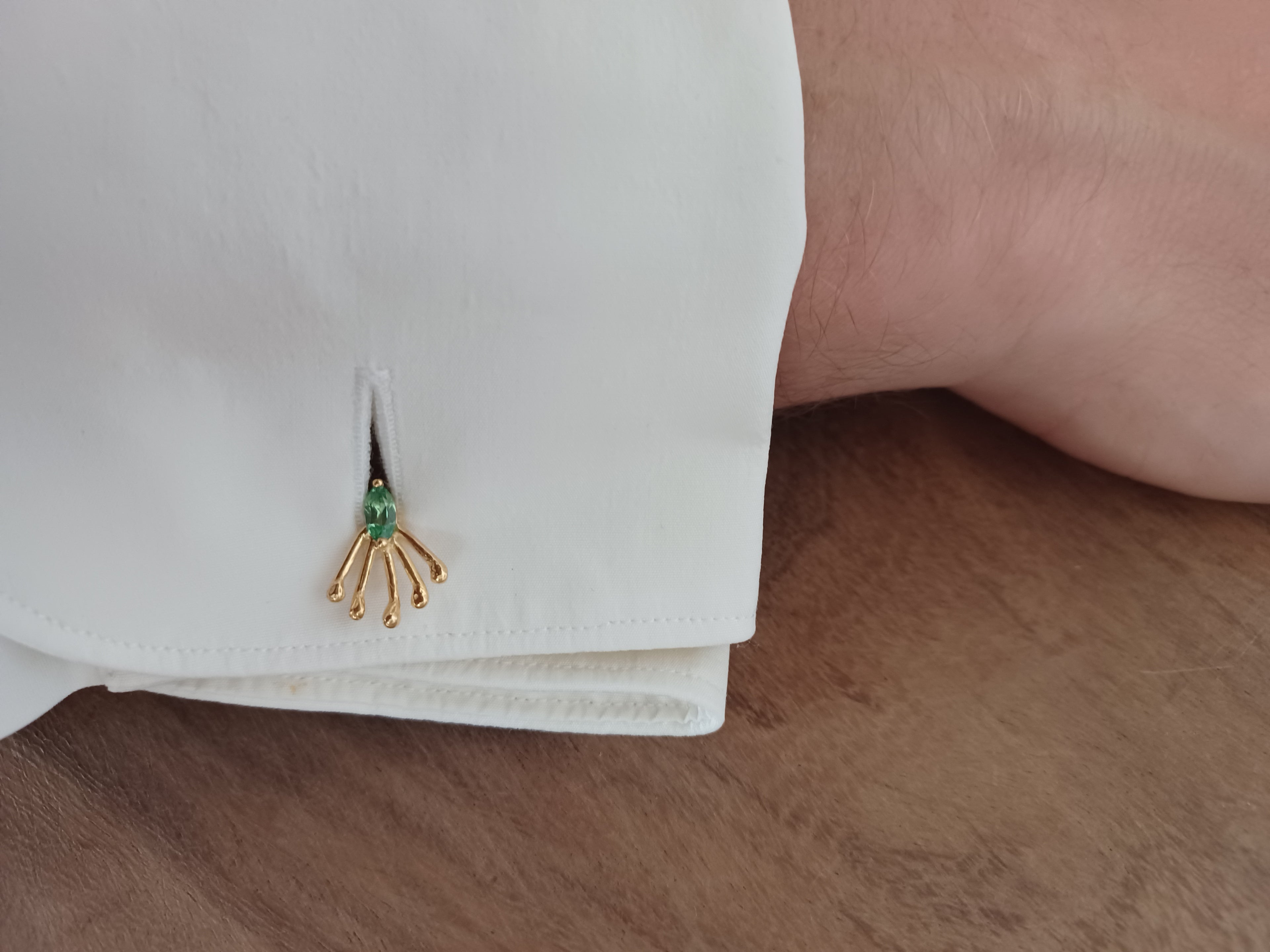 Vergulde zilveren manchetknopen met groene edelsteen - Peacock Tail