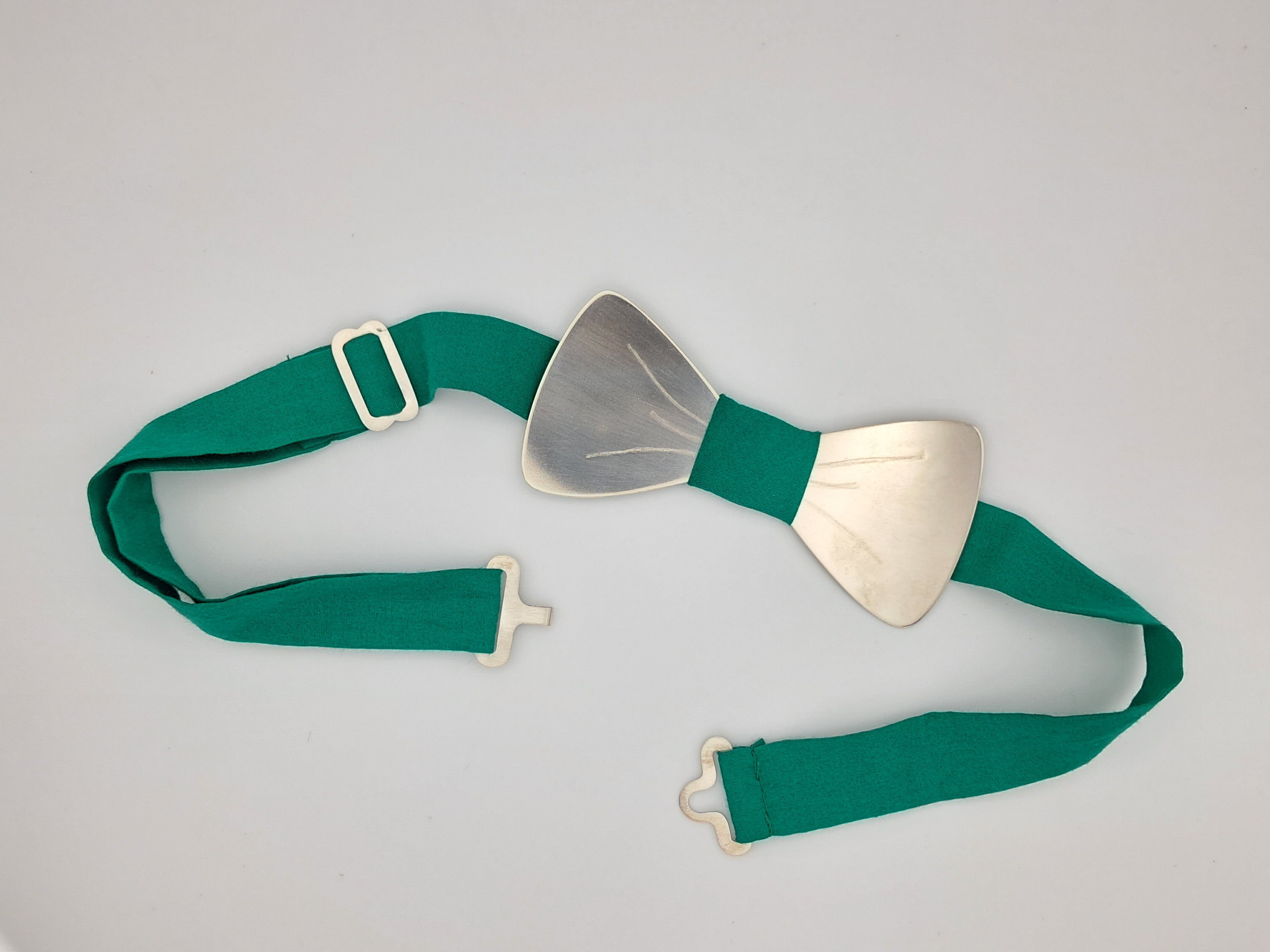 Silver bow tie with green strap- handmade statement accessory