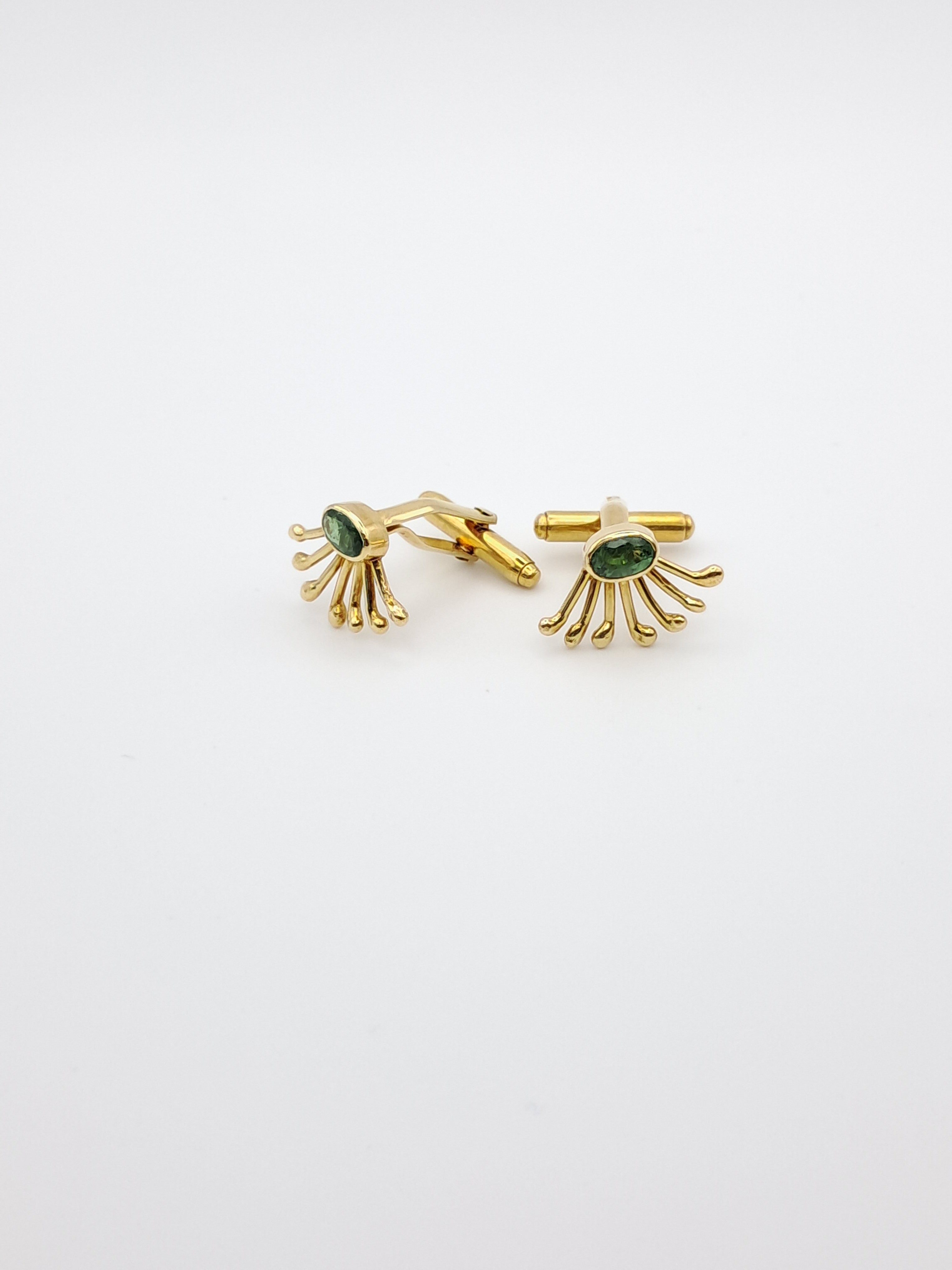 Gold-plated silver cufflinks with oval green gemstone – Peacock Tail