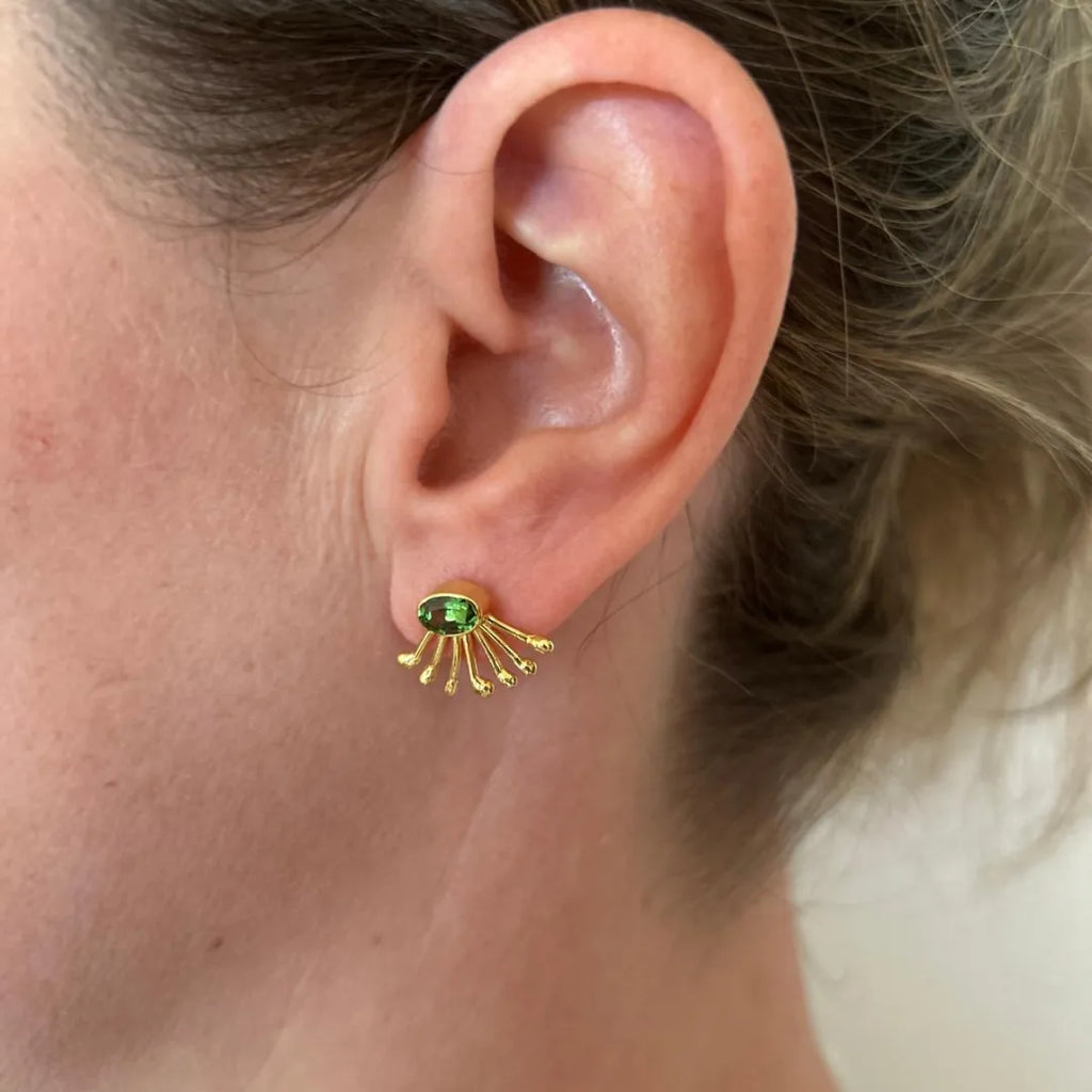 Gold-plated silver earrings with green gemstone - Peacock Tail