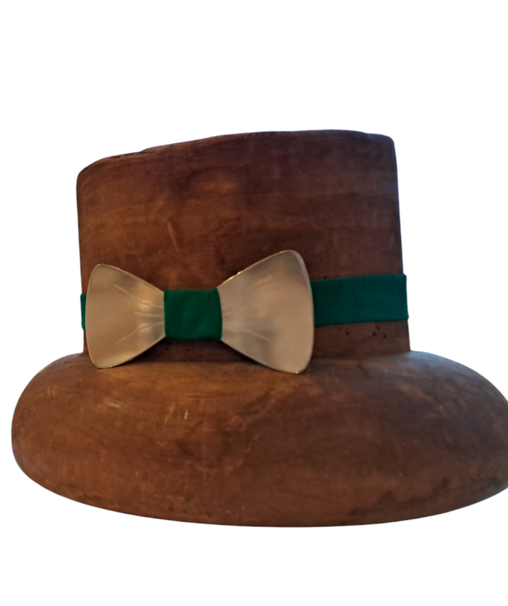 Silver bow tie with green strap- handmade statement accessory